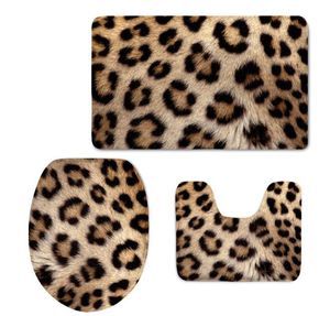 3D Leopard Grain Toilet Cover Mat Set Flannel Bathroom Non-Slip Pedestal220n