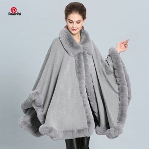 Fashion Handwork Rex Fur Coat Cape Big Long Cashmere Shawl Full Trim Faux Fur Cloak Lapel Overcoat Women Winter