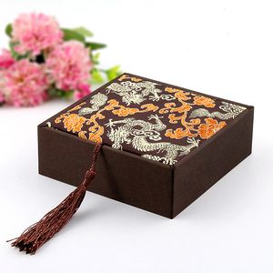 Tassel Square Chinese Silk Fabric Gift Box Bracelet Mens Jewelry Box Craft Women Bangle Storage Box 12x12x4cm