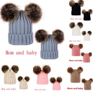 Party Fashion Genitore-bambino Cappello lavorato a maglia Inverno caldo Pom Beanie Berretto da sci Testa Berretti con cappuccio per donne Ragazze Bambini con doppia palla per capelli HH9-2418