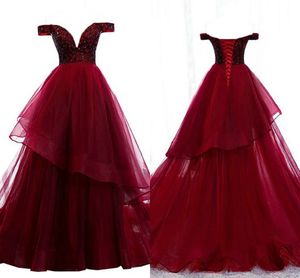 Dark Red Ruffle 2020 Partido Prom Vestidos Beading Off The Shoulder Open Back Tulle Lace-up Quinceanera Dress For doce 16 meninas Vestidos De