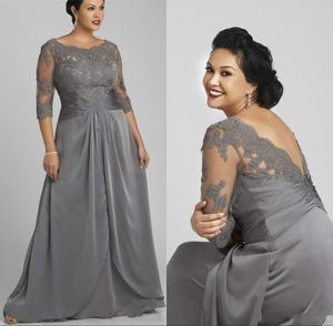 2020 Plus Size Gray Mother of the Bride Groom Dress Half Sleeve Scoop Neck Lace Chiffon Floor Length Formal Evening Gowns Custom M266p