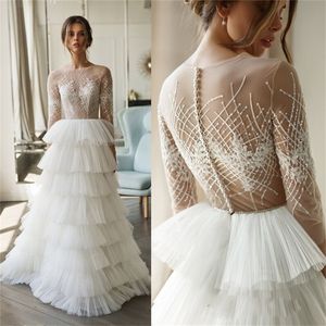 2022 보헤미안 웨딩 드레스 보석 Applique 비즈 라인 계층 스커트 신부 가운 스윕 트레인 Vestidos de Novia