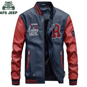 AFS JEEP Broderi Baseballjackor Herr Bokstäver Krage Pu Läderjackor Plus Size 4XL Fleece Pilot Läderjacka hombre LY191206