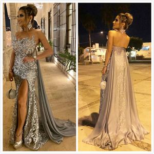 2020 арабский ASO EBI серебряные роскошные сексуальные вечерние платья кружева из бисером выпускного вечера платья русалки формальная партия второе приема платье ZJ266