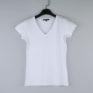 ソリッド高品質のVネックキャンディーカラーコットン基本Tシャツ女性のプレーンシンプルなTシャツ女性半袖女性トップストレンド