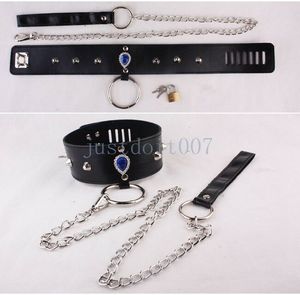 Bondage Fantasy PU Leather Inlay Crystal Neck Collar Chain leash Toy Restraint Game lock A56