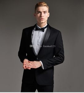 Przystojny Przycisk Czarny Ślub Groom Tuxedos Szal Lapel Groomsmen Mężczyźni Garnitury Prom Blazer (Kurtka + Spodnie + Krawat) No: 1882