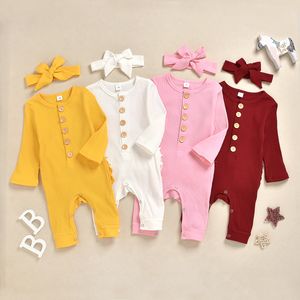 Ins-Baby Girls Romper Spädbarn Boys Solid Färger Långärmad Jumpsuit + Bow Headband Toddler Vår Singel Breasted Onesie C6077