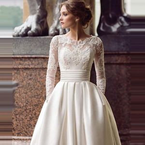 Бесплатная доставка Новый свадебный платье с длинным рукавом Scoop Satin Appliqued A-Line Bridal Chast с карманами Vestidos de Novia