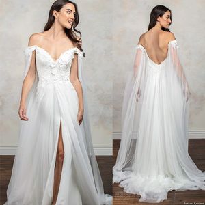 2020 Nya bröllopsklänningar med omslag Sexig av axel Kortärmad Brudklänningar 3D Floral Appliques Backless Wedding Dress Robes de Mariée