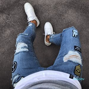 Wholesale-Fashion Mens Jeans Skinny Rip Slim Stretch Denim Distress Frayed Biker Jeans Boys Embroidered Pencil Trousers XM01