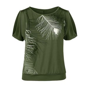 도매 티셔츠 블라우스 여름 여성 깃털 인쇄 된 셔츠 O- 넥 Strapless 셔츠 오프 어깨 반팔 셔츠 루스 타입