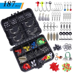 187pcs Fishing Accessories Kit, Including Jig Hooks, Bullet Bass Casting Sinker Weights, Different Fishings Swivels Snaps,