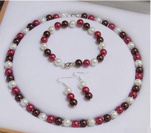 Handgjorda Vacker 8mm Multicolor South Sea Round Bead Shell Pearl Halsband Armband Örhängen Ställ 45 cm Mode Smycken 2Set / Lot