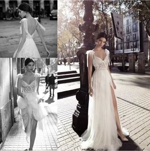 Berta 보헤미안 웨딩 드레스 레이스 사이드 분할 민소매 Tulle Bodice 스파게티 신부 가운 복장 섹시한 Backless 웨딩 드레스