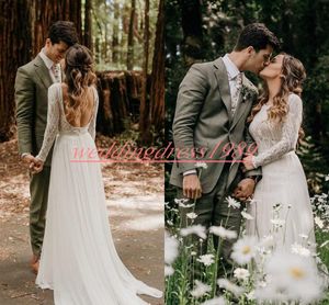 Charming Spring Chiffon Wedding Dresses 2020 Long Sleeve Lace Backless Crew Beach Bride Gowns Garden Country Bridal Ball Robe de mariée