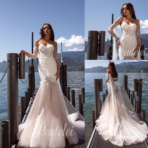 2020 Mermaid Wedding Dresses Sweetheart Beaded Appliqued Sequins Bridal Dress Backless Sweep Train Vestidos De Novia With Detachable Sleeves