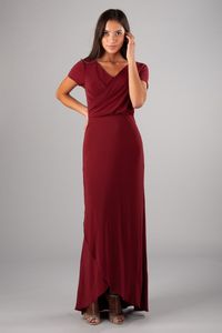 2019 Dark Red Jersey Sheath Long Modest Bridesmaid Dresses With Cap Sleeves V Neck Wrap Women Formal Modest Evening Wedding Party Dress