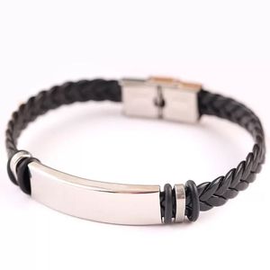 Export PU Leather Cuff Knitting Rope Bracelets Titanium Steel Bangle Stainless Men Black Punk Bracelet Hand Ornament