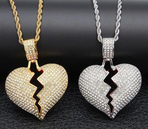 Iced Out Broken Love Heart Naszyjniki Bling Crystal Rhinestone Love Charm Gold Silver Twisted Chain Dla Kobiet Hip Hop Biżuteria Wy075