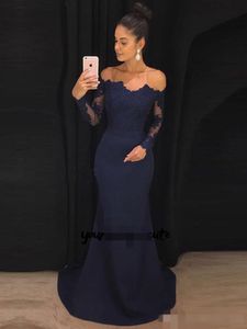 Abiti da sera a sirena blu navy maniche lunghe eleganti con spalle scoperte Applique in pizzo Sweep Train Chiffon Abito da ballo da ballo Abiti da cerimonia