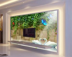 Wholesale 3Dの壁紙美しいロマンチックな花のつる白鳥湖のテレビの背景の壁印刷水分の壁紙