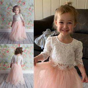 Erröten rosa zwei Stücke Spitze Blumenmädchenkleider für Hochzeit Kind Festzug Kleid Juwel Hals Tüll Prinzessin Kinder kleine Mädchen Junior Brautjungfer