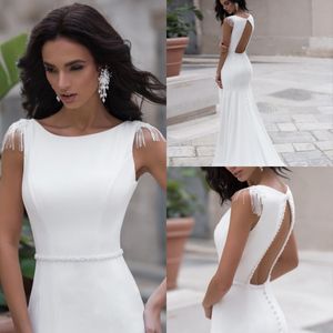 2020 Elegantes Vestidos De Casamento De Sereia Jewel Neck Applique Sem Mangas Pérolas Pérolas Satin Hollow Vestido De Noiva Varredura Vestido De Noiva