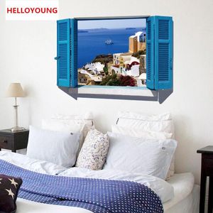 DIY Wandaufkleber, blaue mediterrane Landschaft, gefälschte Fenstertapeten, Kunstwand, wasserdicht, Schlafzimmer-Wandaufkleber, Heimdekoration