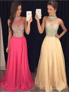 30D Chiffon High Neck Formal Evening Gowns 2019 Long Beaded Crystal Sequin Sweet 16 Dress Prom Dresses Long Cheap Robes Elegant Party Formal