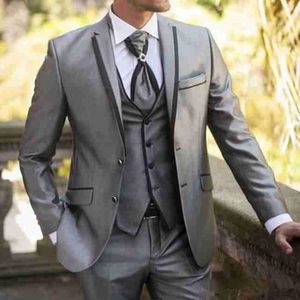 Grijze bruiloft mannen pakken drie stuk gekerfde revers formele stijl jas vest broek bruidegom smoking nieuwste Blazer