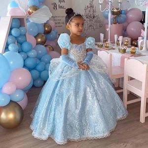 Украшение Принцесса бальное платье цветочницы платья для свадеб светло-голубой дети формальная одежда кружева Pageant платье vestidos de primera