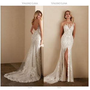 Zarif Valerio Luna Mermaid Gelinlik Jewel Kolsuz Bölünmüş Backless Dantel Aplike Gelinlik Sweep Tren Robe de Mariée