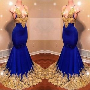 Eleganckie Prom Formalne Suknie Afryki Długie Głębokie V Neck Złote Koronkowe Aplikacje Royal Blue Cocktail Party Dress Backless Suknie Wieczorowe
