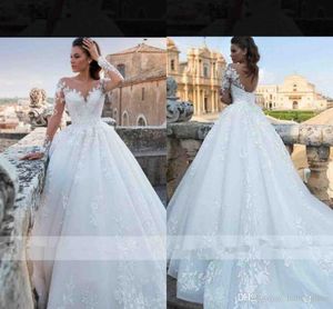 Sukienki 2019 Vintage Sheer Secion Długie rękawy Aplikacje ogrodowe Kościół Plaża Suknia ślubna suknie ślubne z koronkowymi zapleczami vestidos