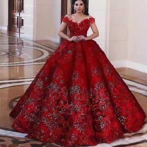 Red Sequins Ball Gown Prom Dresses Dubai African 3D Flower Applique Plus Size Formal Evening Dress Quinceanera Pageant Gowns