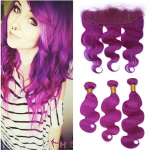 Virgens brasileiras roxas coloridas Tece cabelo humano com frontal Encerramento da onda do corpo ondulado Pure 13x4 roxo cheia do laço frontal com 3Bundles