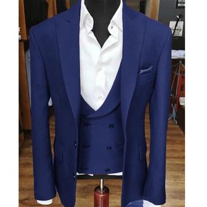 Wysokiej jakości dwa przyciski Blue Groom Tuxedos Peak Lapel Mężczyźni Garnitury Ślub / Prom / Kolacja Best Man Blazer (Kurtka + Spodnie + Kamizelka + Krawat) W389