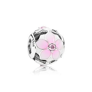 Cor-de-rosa esmalte flores encanto acessórios de jóias logotipo caixa original para pandora 925 pulseira de prata esterlina fazendo encantos