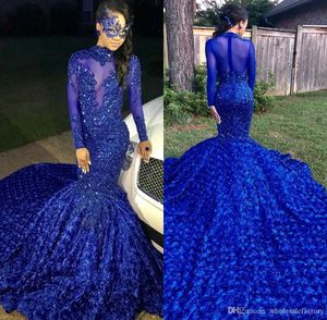 Royal Blue Black Girls Mermaid Long Prom Dresses Long Sleeves 3D Floral Skirt Lace Applique Beaded Formal Dress Party Evening Gowns