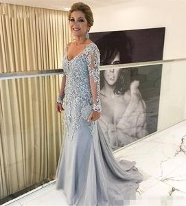 Generous V Neck Mother of the Bride Dresses Mermaid Tulle Lace Applique Evening Gowns Long Sleeves Prom Dresses 205E