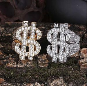 Mens Iced Out 3D Gold Dollar Sign Rings Micro Pave Cubic Zirconia 14K Gold Plated Simulated Diamonds Hip Hop Ring with Present Box