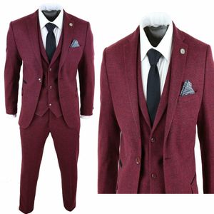 Três Pieces 2020 New Burgundy Homens ternos Slim Fit Tuxedo mistura de lã noivo Jackets Coats Vest Pants