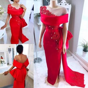 Modest Red Mermaid Prom Dresses For Black Girls Scoop Lace Appliques Side Slits Caped Evening Gowns With Pealum Holiday Pearls Prom Dress
