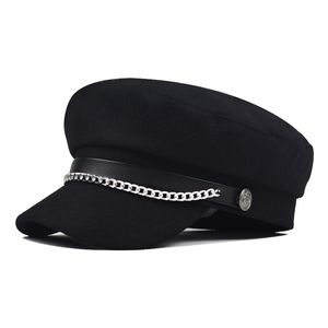 Ball Caps woolen Cashmere woolen beret letter hat pu chain beret metal octagonal cap Korean female English fashion military hat