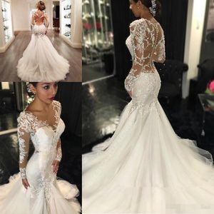 Back Sexy Illusion Mermaid Dresses Lace Applique V Neck Long Sleeves Covered Buttons Tulle Sweep Train Custom Made Wedding Gown