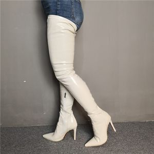 Olomm New Women Thigh High Boots Sexy Stiletto High Heels Boots Nice Pointed Toe Gorgeous Beige Shoes Women Plus US Size 5-15