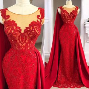 2020 arabiska röda kvällsklänningar med wrap juvel nacke satin appliqued sjöjungfru prom klänningar sequined formella parti page volken