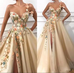 2019 Champagne One Shoulder Long Aftonklänningar 3d Floral Lace Applique Beaded Split Floor Length Prom Kappor Formella Party Dresses